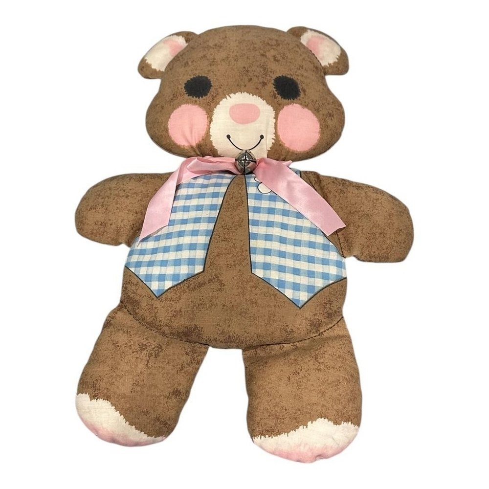 Handmade Brown Teddy Bear Pillow Plush Blue Gingham Vest Pink Bow Bell